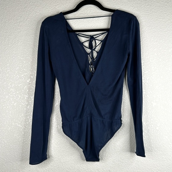 Zara Blue Front Lace Up Low Back Long Leave Bodysuit Top Size Medium - Picture 6 of 8